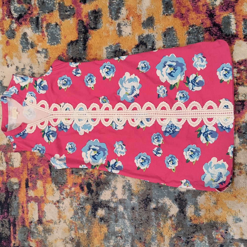 Mud Pie Pink Blue Floral Lace Preppy Shift Dress Easter Spring Summer